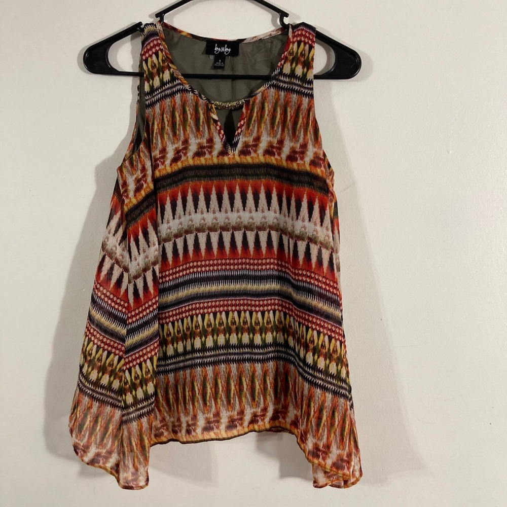 By & By Sleeveless Tribal Print Blouse Womens Small Orange Geometric Chiffon Top